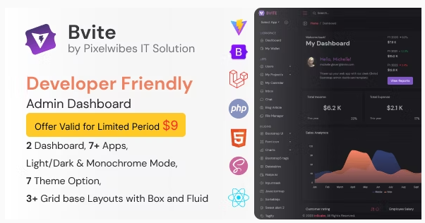 Bvite - Bootstrap HTML , Vite, Laravel, PHP, React Multipurpose Admin Dashboard Template